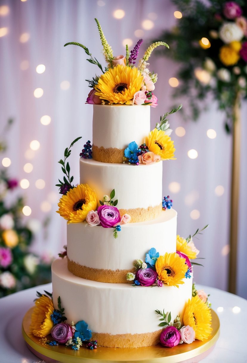 A multi-tiered wedding cake adorned with vibrant and whimsical floral arrangements, set against a dreamy and romantic backdrop