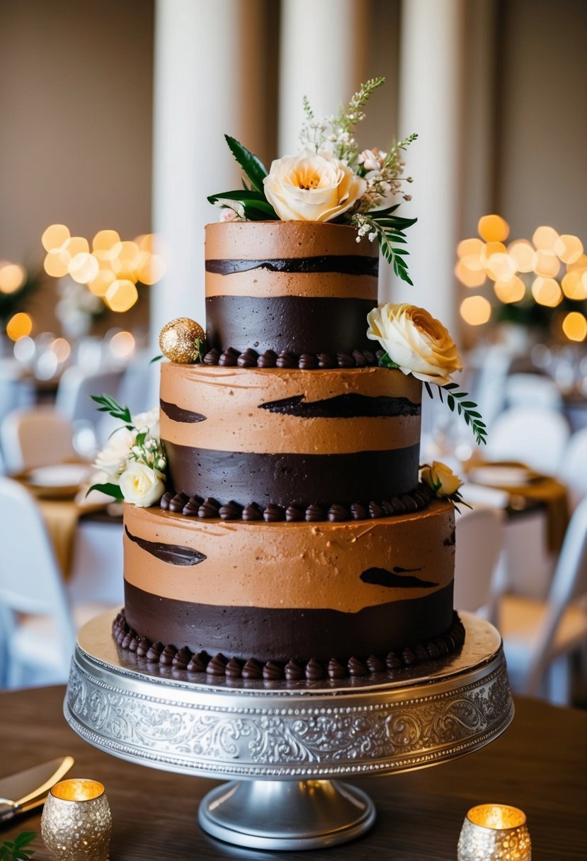 A decadent dark chocolate caramel swirl wedding cake displayed on a tiered cake stand with elegant floral accents