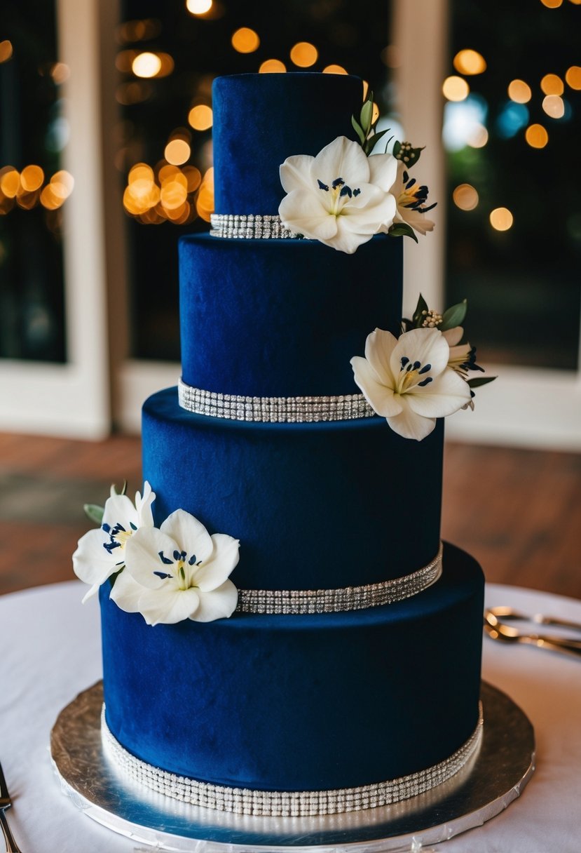 A three-tiered midnight blue velvet cake adorned with silver accents and edible flowers