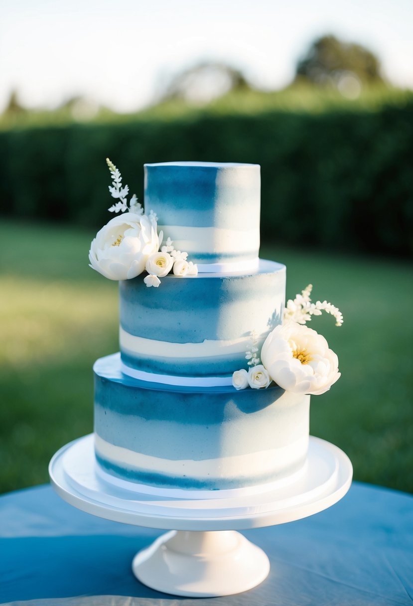 A three-tiered dusty blue watercolor cake with delicate white floral accents