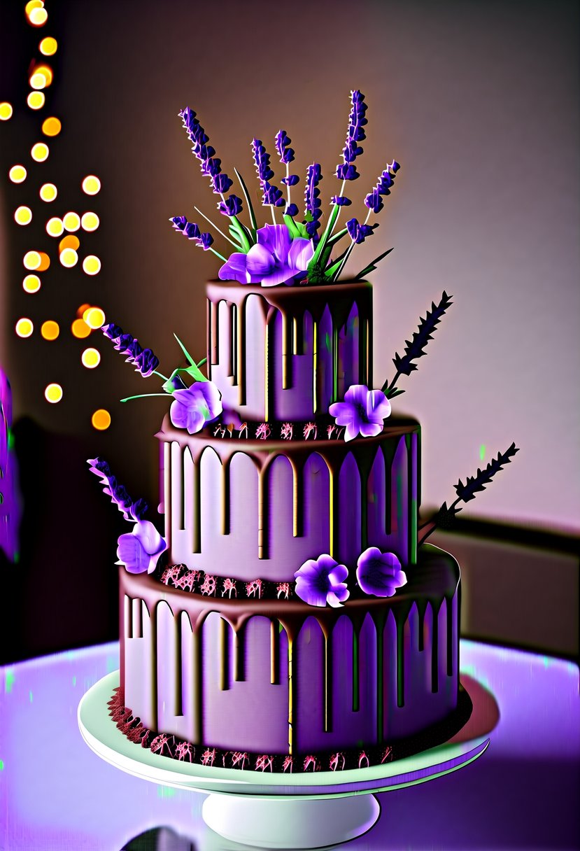 A three-tiered chocolate lavender infusion wedding cake adorned with delicate lavender flowers and drizzled with rich chocolate ganache