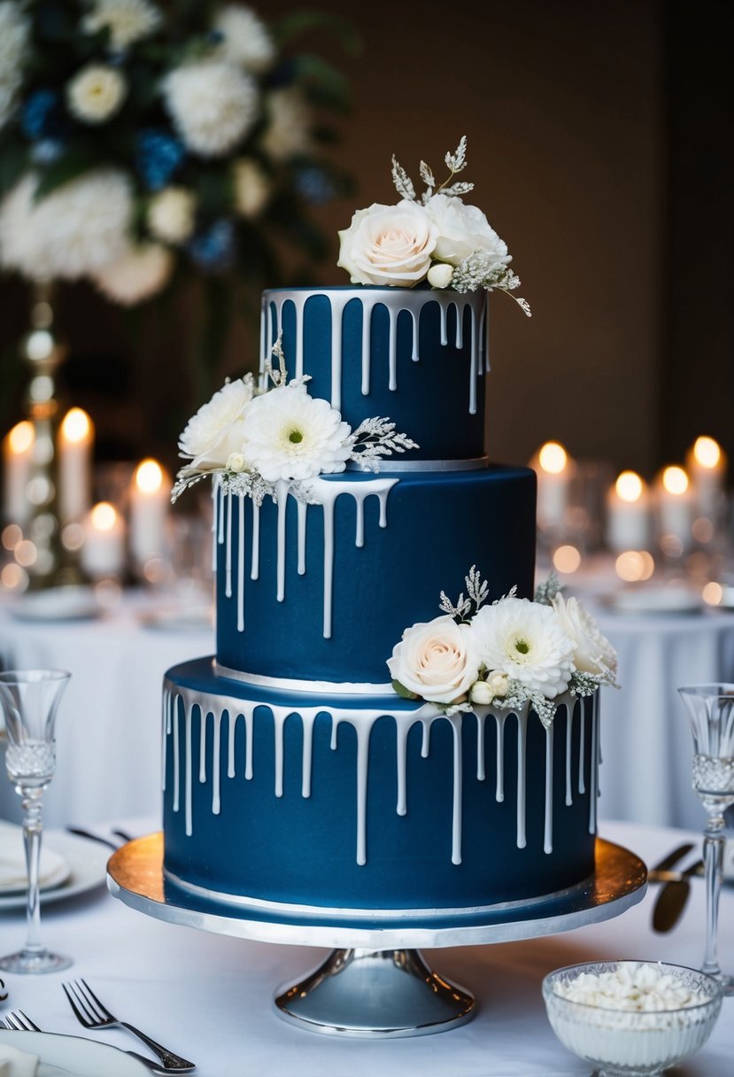 A dark blue cake with silver drips cascading down the sides, adorned with elegant decorations for a wedding celebration