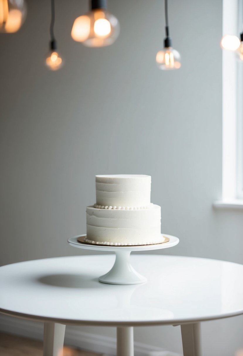 A simple, tiered white cake on a clean, white table with minimal decoration
