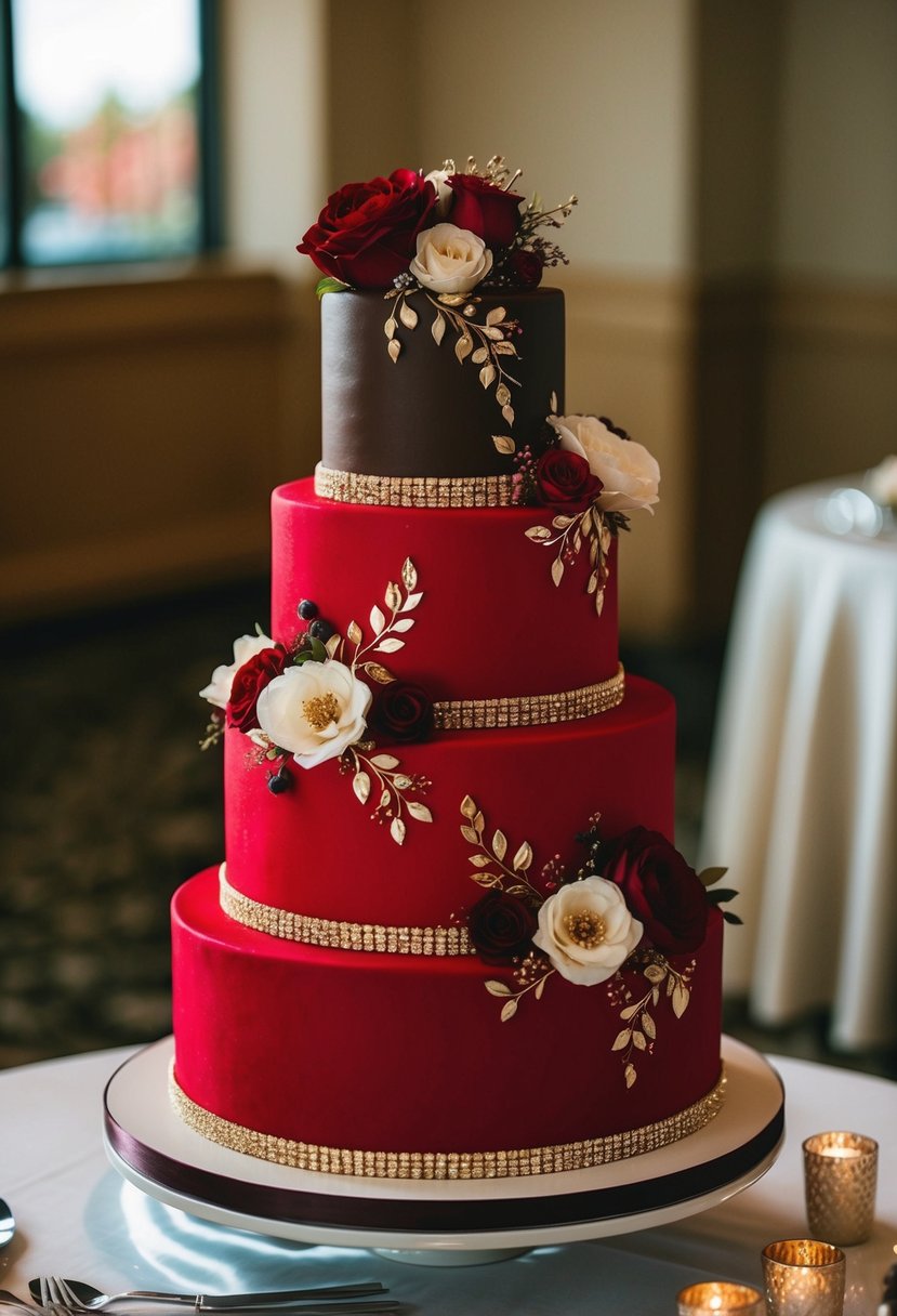 A three-tiered red velvet and chocolate fusion wedding cake adorned with intricate floral designs and shimmering gold accents