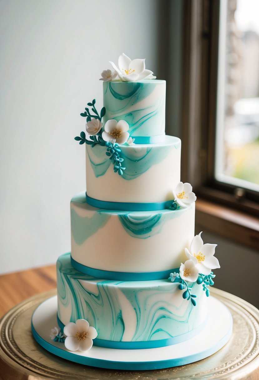 A three-tiered fondant cake with marbled aqua and white coloring, adorned with delicate sugar flowers and intricate piping designs