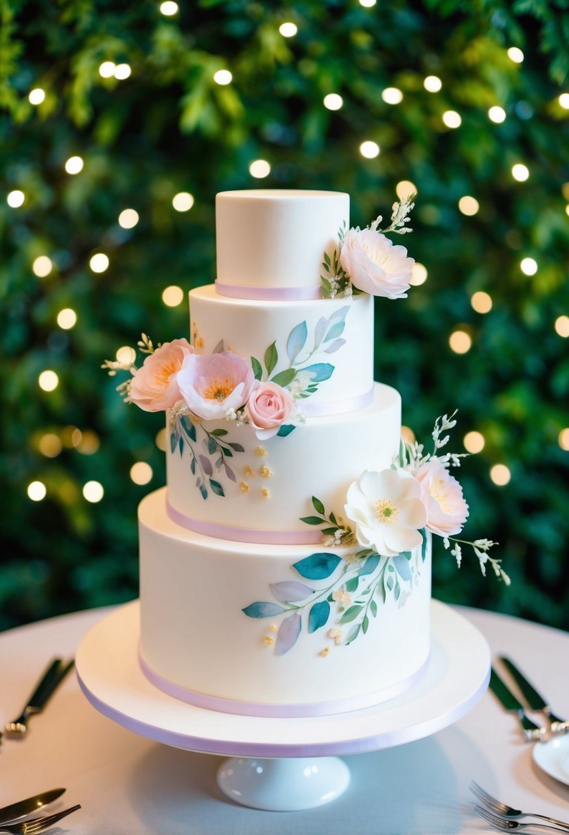 A two-tiered wedding cake adorned with delicate watercolor floral designs in soft pastel hues, set against a backdrop of twinkling fairy lights and lush greenery