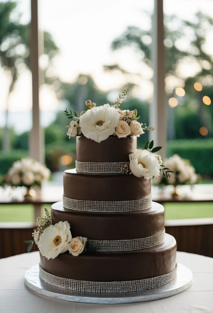 A three-tiered wedding cake covered in rich espresso chocolate ganache with elegant floral decorations