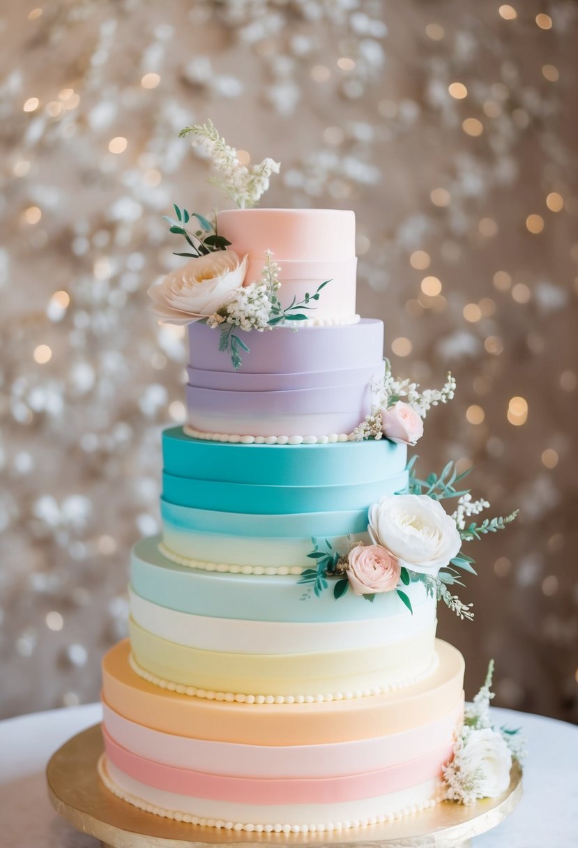 A whimsical ombre wedding cake with layers of pastel colors and delicate floral accents