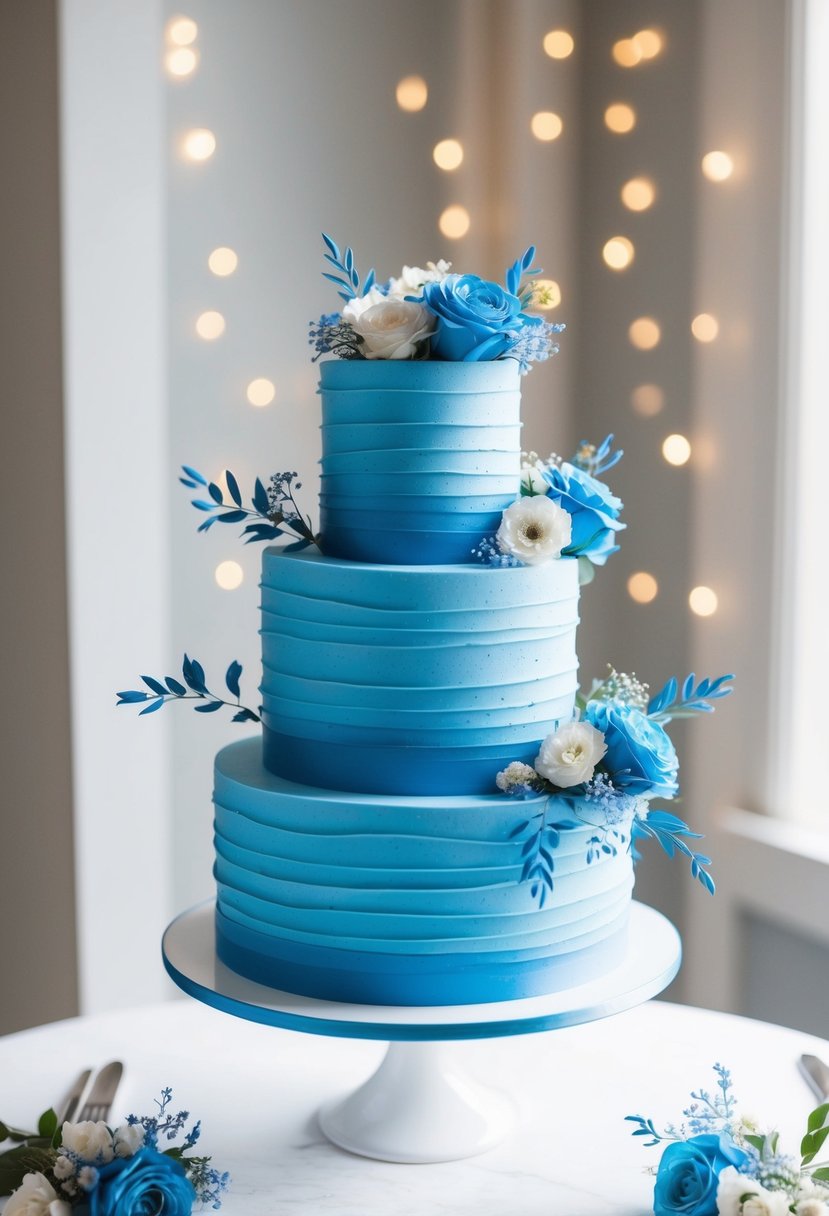 A three-tiered royal blue buttercream swirl wedding cake adorned with delicate blue floral accents
