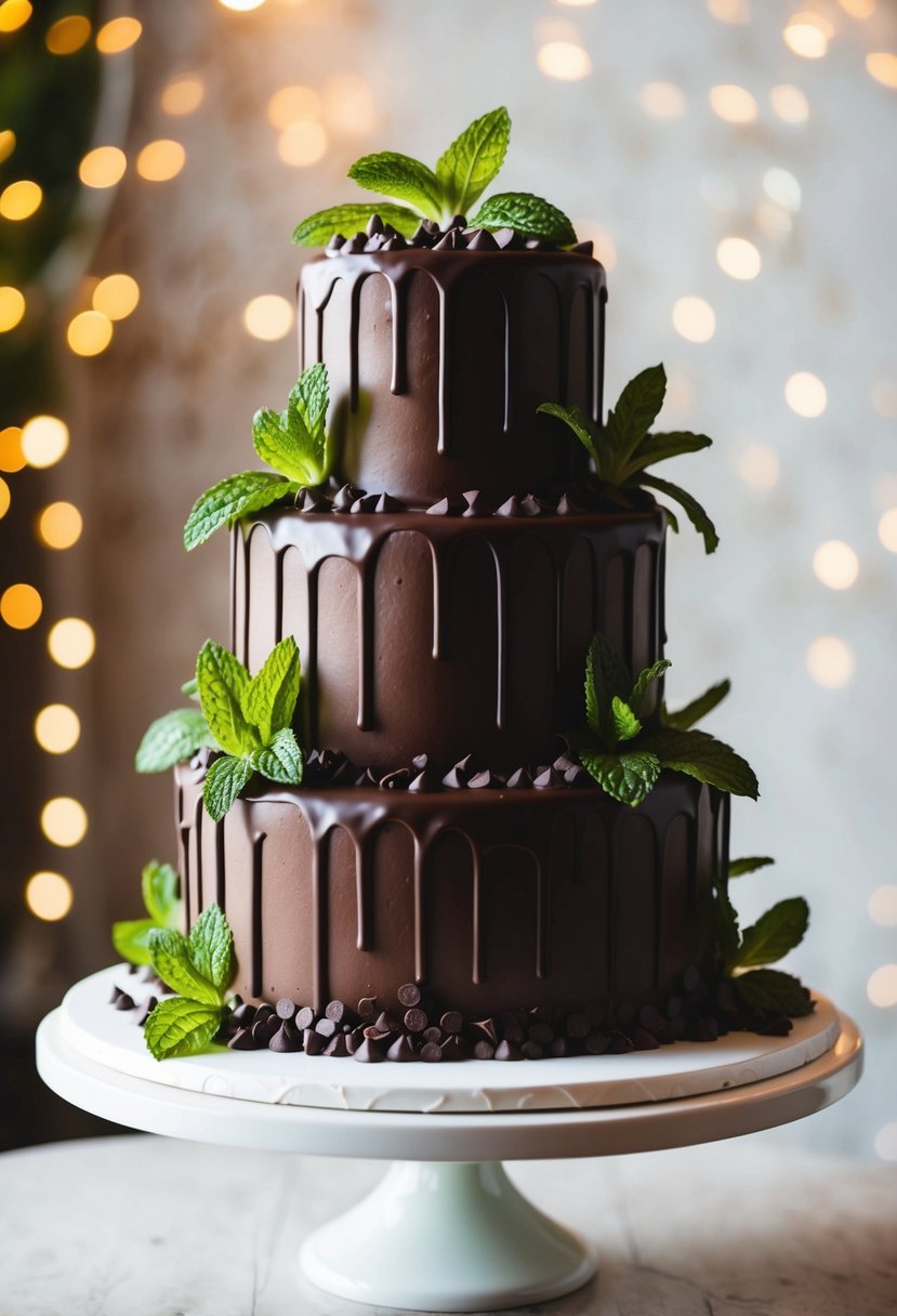 A towering chocolate wedding cake adorned with mint chocolate chips and a sensation of mint leaves cascading down the sides