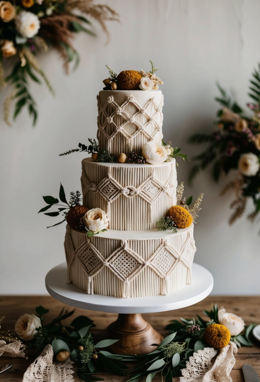 A boho macrame wedding cake adorned with intricate knots and delicate patterns, surrounded by earthy floral arrangements and vintage lace accents