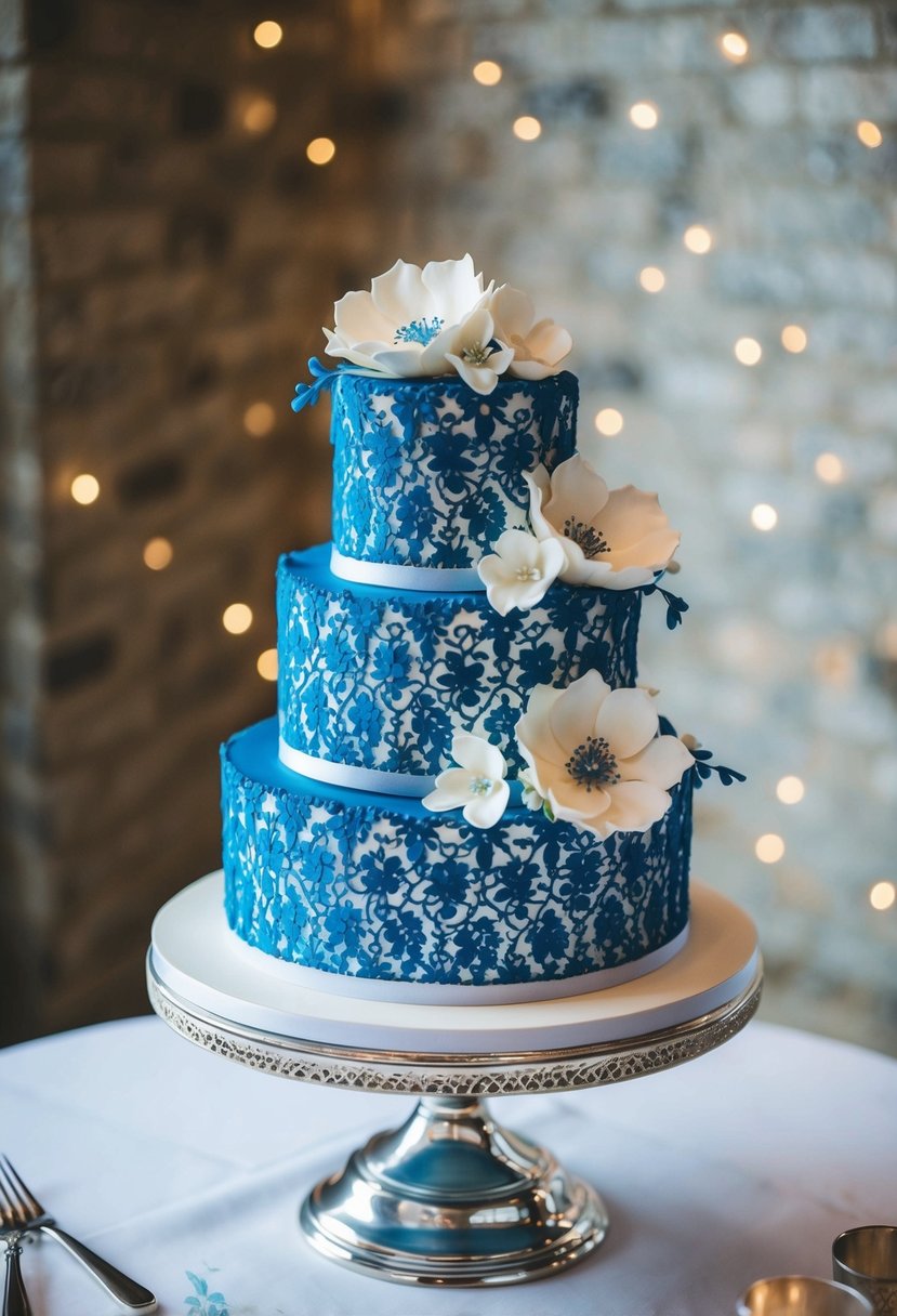 A three-tiered cobalt blue and white lace pattern wedding cake sits on a silver cake stand, adorned with delicate sugar flowers and intricate piping