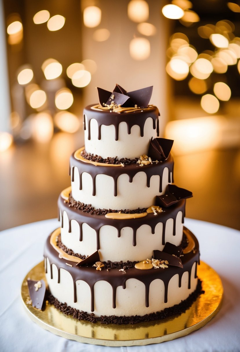 A three-tiered chocolate wedding cake adorned with peanut butter drizzle, chocolate shavings, and edible gold leaf