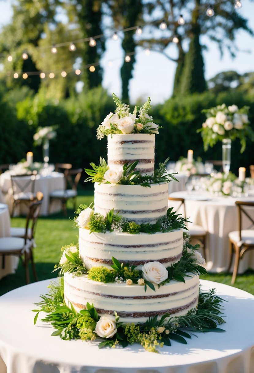 A tiered wedding cake adorned with lush greenery and delicate flowers in a garden party setting