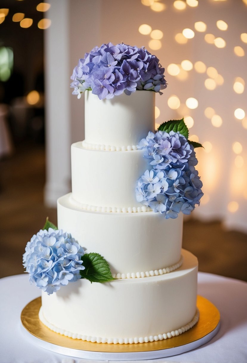 A three-tiered wedding cake adorned with periwinkle hydrangea flowers