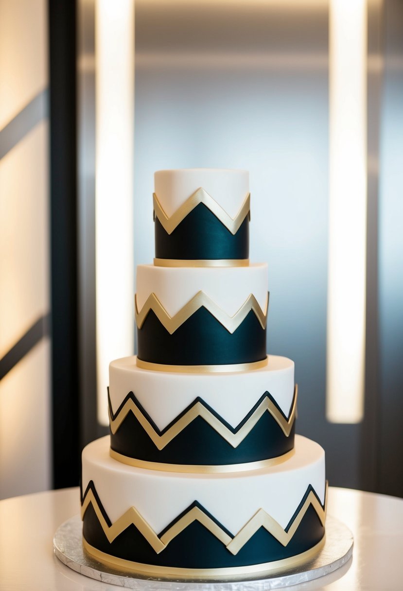 A tiered wedding cake adorned with geometric Art Deco patterns in gold and black, set against a backdrop of sleek, modern decor