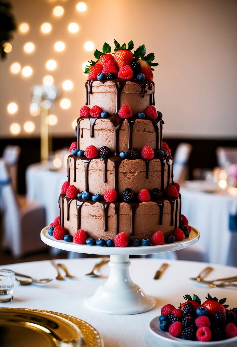 A tall tower of rich chocolate mousse, adorned with fresh berries and drizzled with glossy chocolate, stands as a decadent wedding cake centerpiece