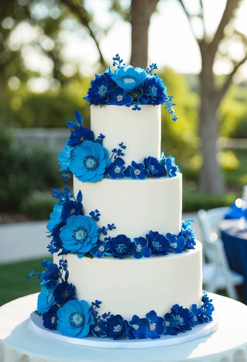 A three-tiered wedding cake with cascading sapphire blue floral decorations