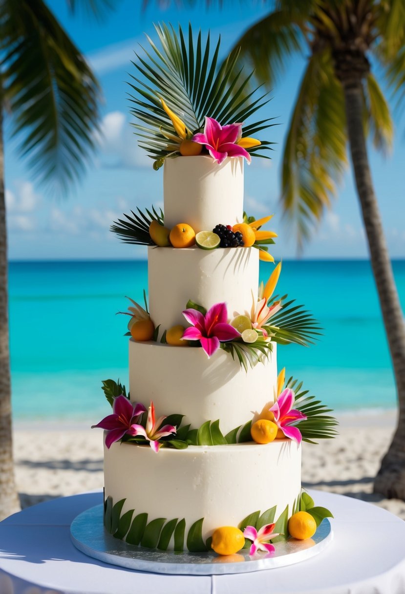 A three-tiered wedding cake adorned with vibrant tropical flowers, palm leaves, and exotic fruits, set against a backdrop of sandy beaches and crystal-clear turquoise waters