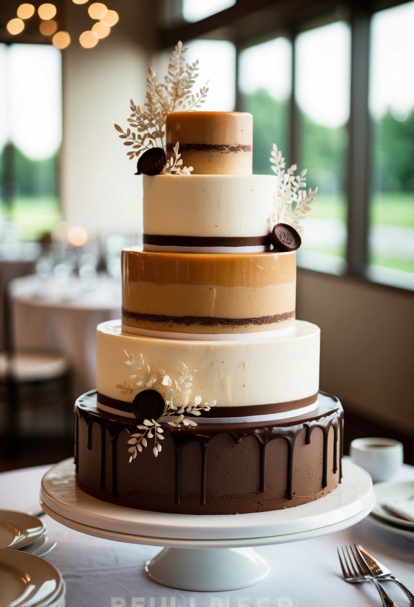 A three-tiered wedding cake with layers of salted caramel and chocolate, adorned with delicate chocolate bliss decorations