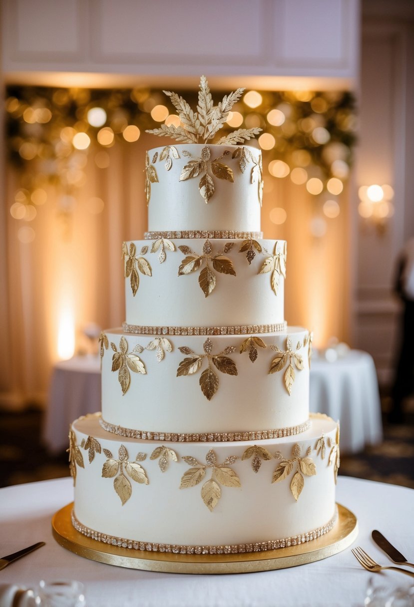 A three-tiered wedding cake adorned with intricate gold leaf designs, sparkling with elegance and glamour