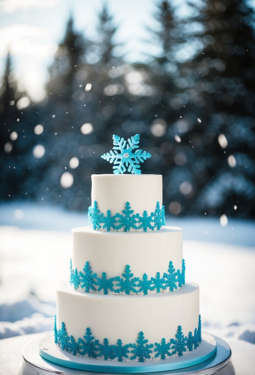 A three-tiered wedding cake with icy blue snowflake decorations, set against a snowy winter backdrop
