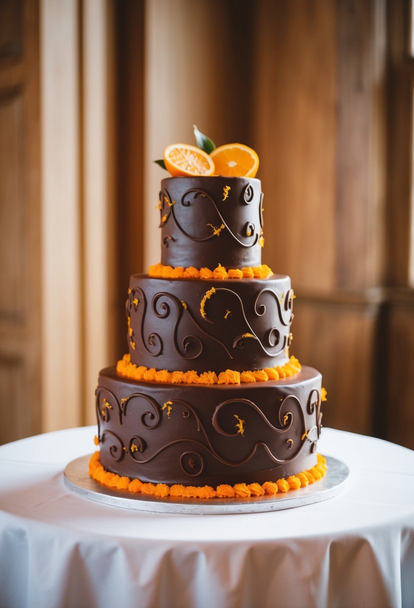 A three-tiered chocolate wedding cake decorated with swirling patterns of chocolate and orange zest