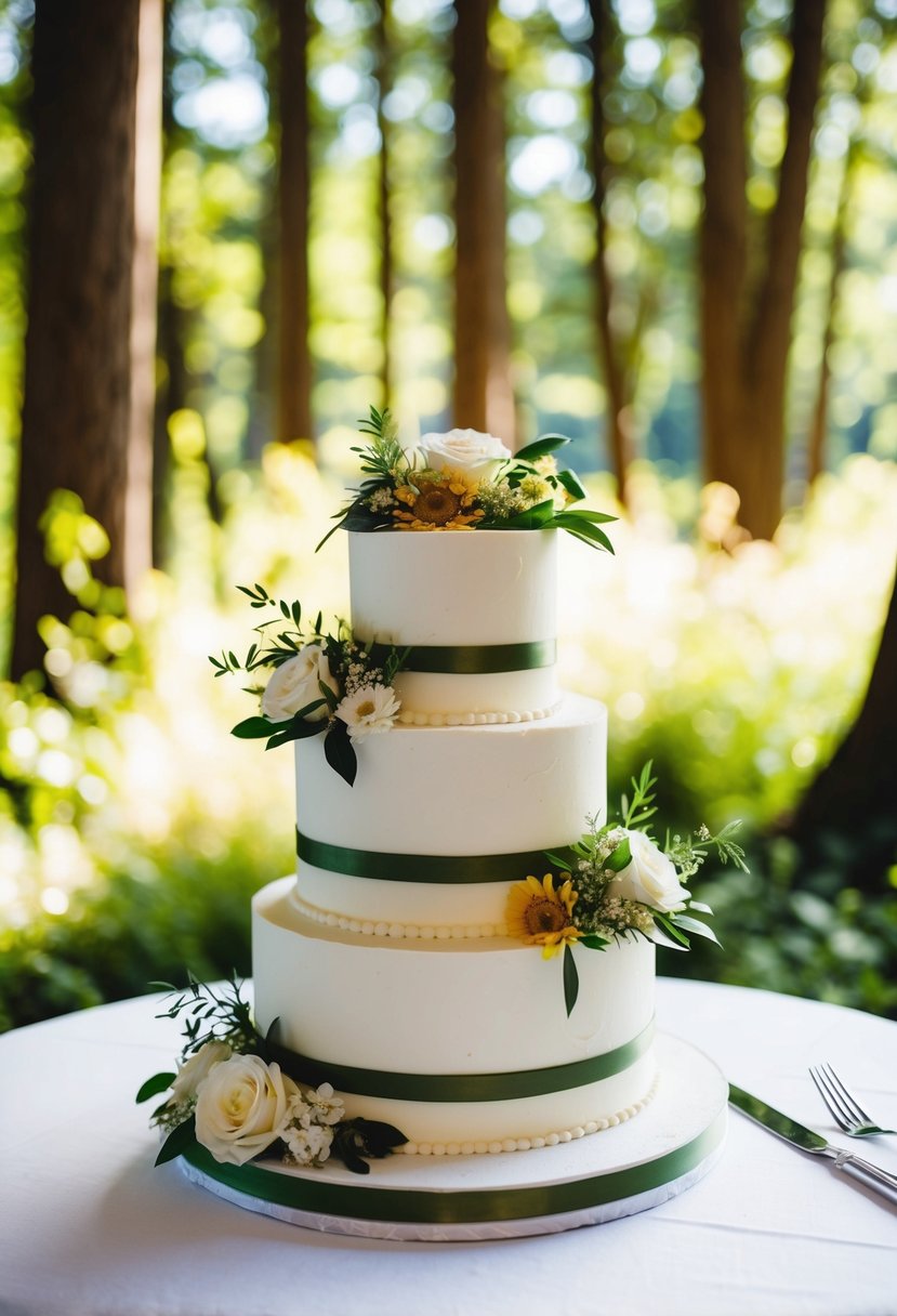 A three-tiered wedding cake adorned with edible flowers and greenery, set against a backdrop of a lush woodland with sunlight filtering through the trees