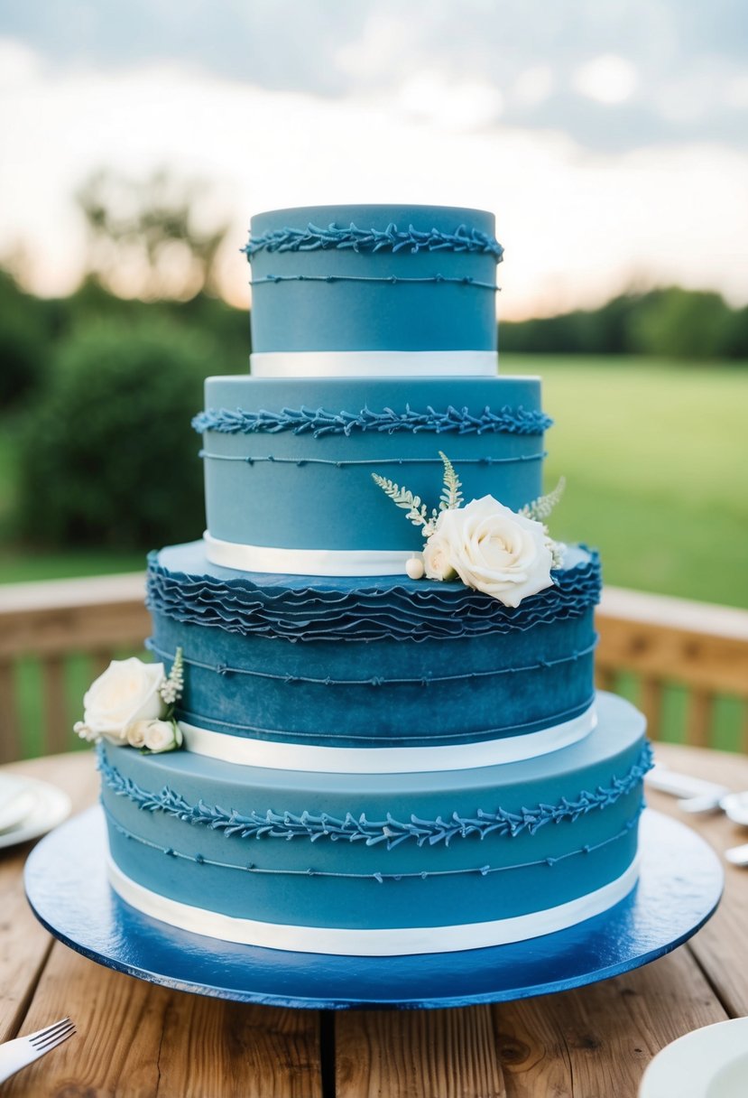 A rustic denim blue wedding cake with textured layers and delicate details