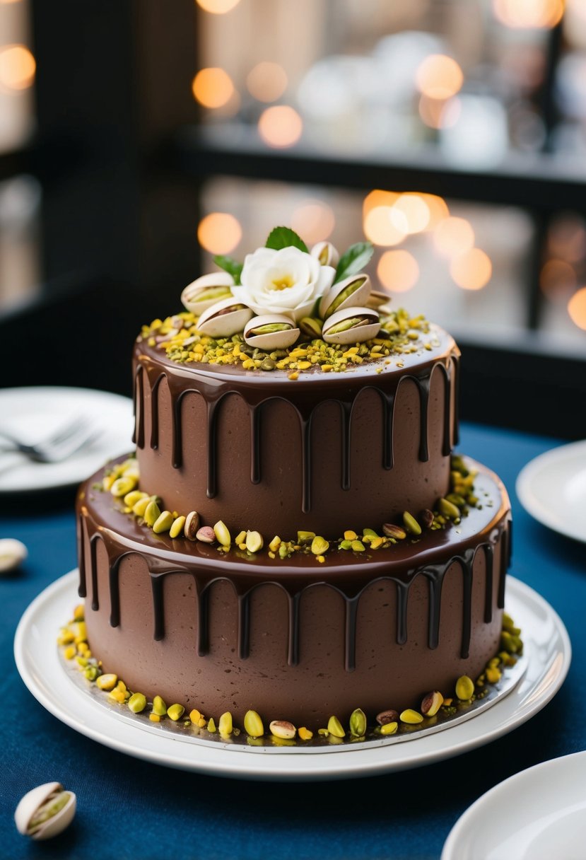A decadent chocolate wedding cake adorned with pistachios and drizzled with rich chocolate ganache