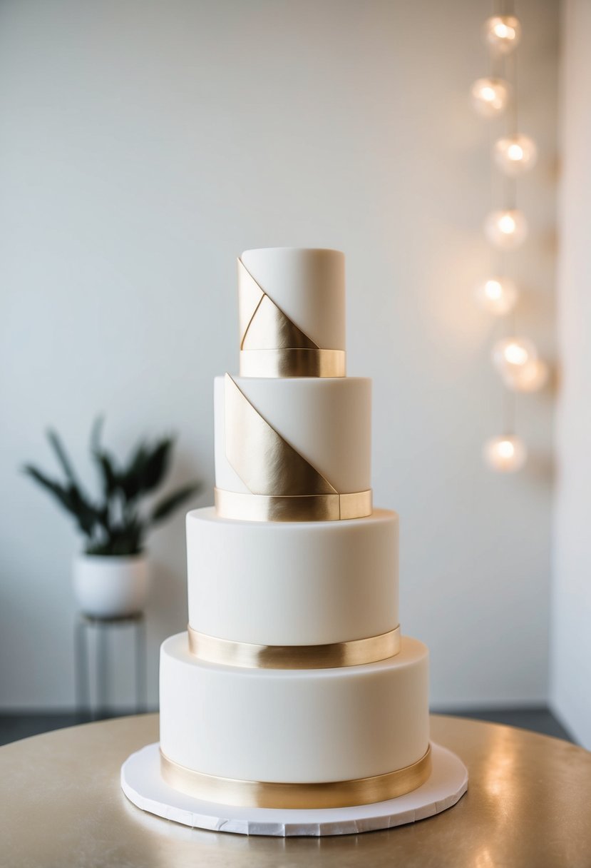 A three-tiered wedding cake with sleek metallic accents and geometric designs, set against a backdrop of minimalist, modern decor