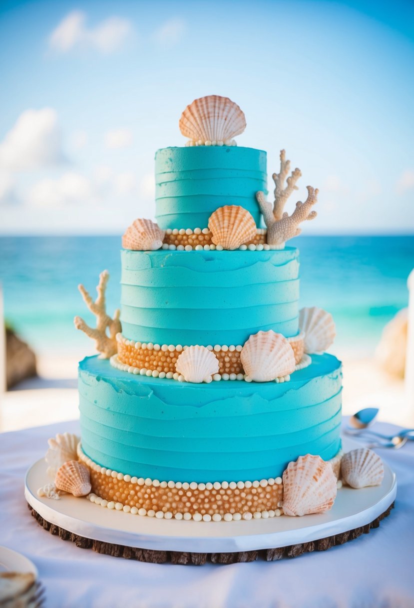 A three-tiered wedding cake with ocean blue frosting and coral accents, adorned with seashells and edible pearls