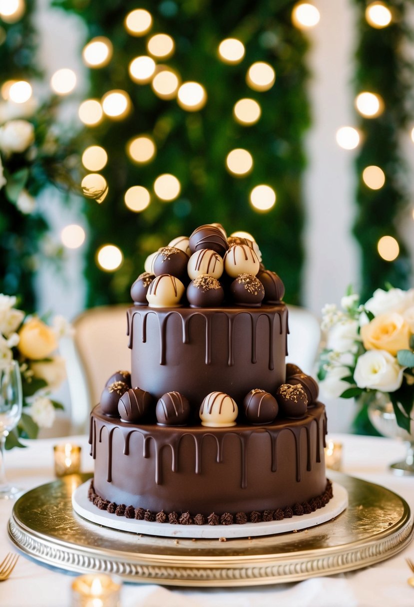 A decadent chocolate truffle cake adorned with rum-infused chocolate truffles, set against a backdrop of elegant wedding decor