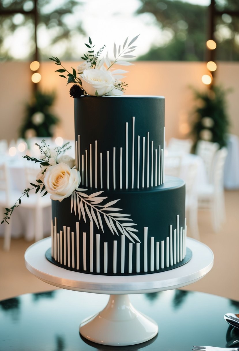 A sleek black and white wedding cake adorned with minimalist geometric patterns and elegant floral accents