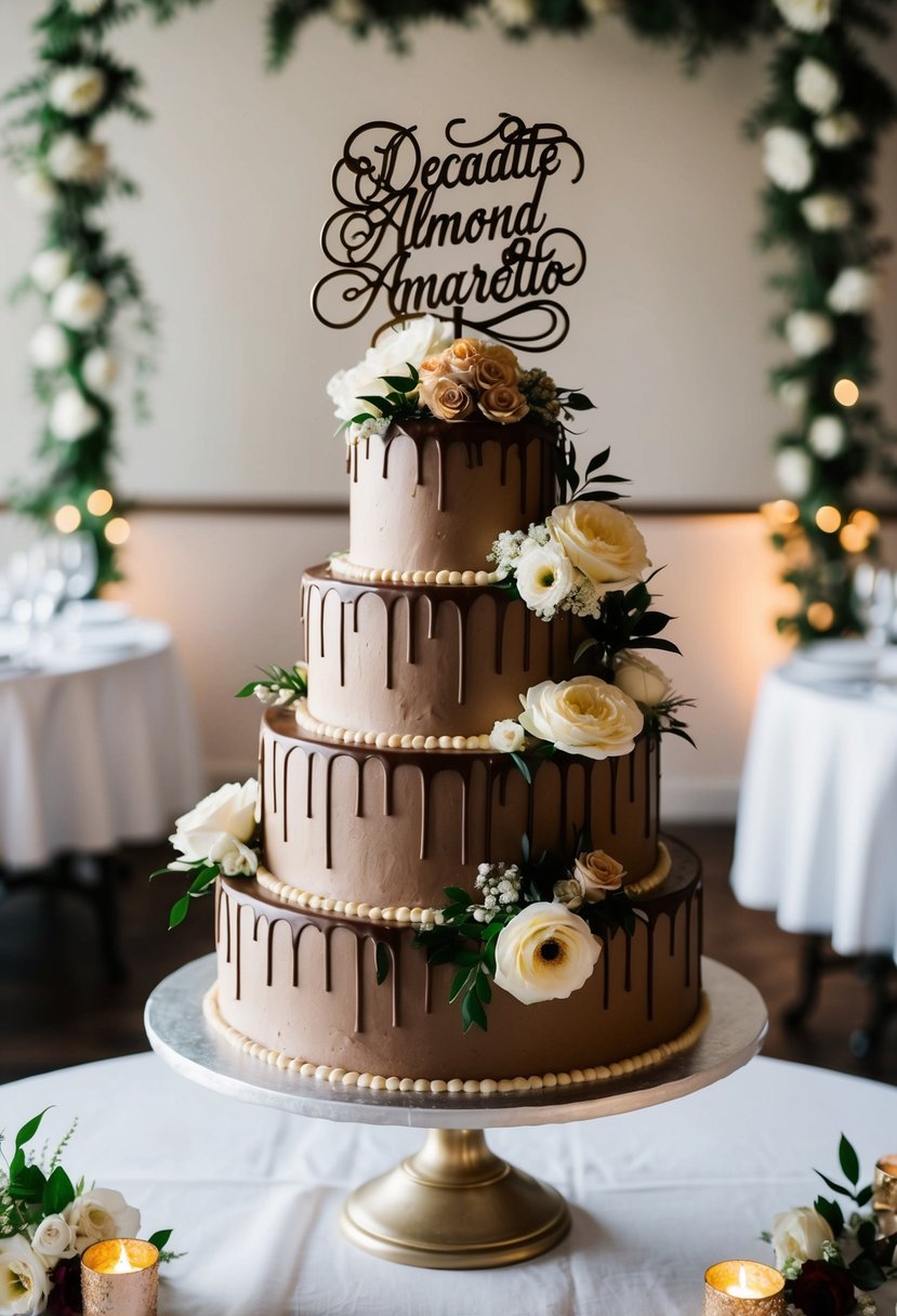 A decadent chocolate almond amaretto wedding cake surrounded by cascading flowers and elegant cake topper