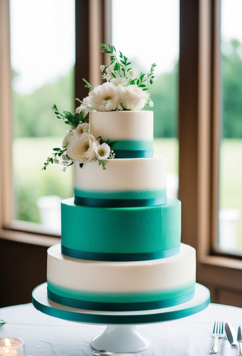 A three-tiered wedding cake with emerald green frosting and delicate floral decorations