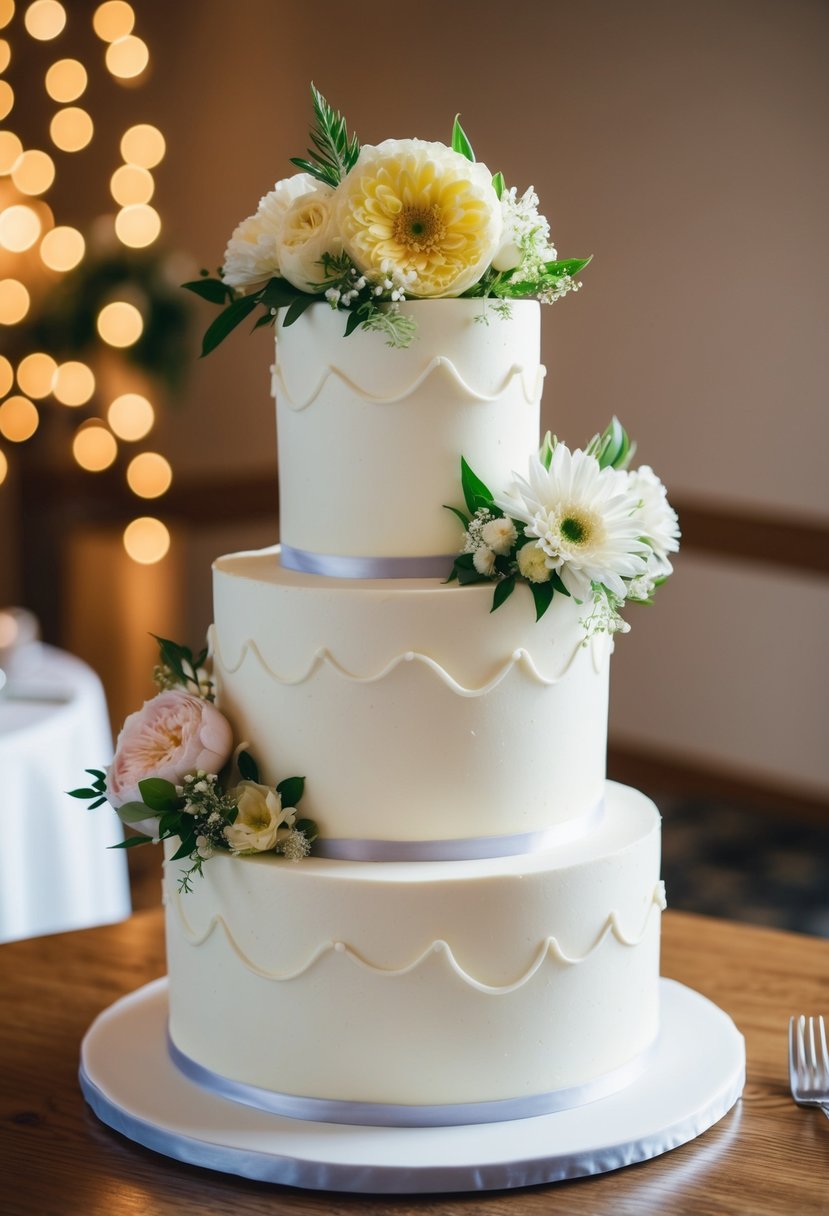 A three-tiered wedding cake adorned with fresh flowers and simple icing designs