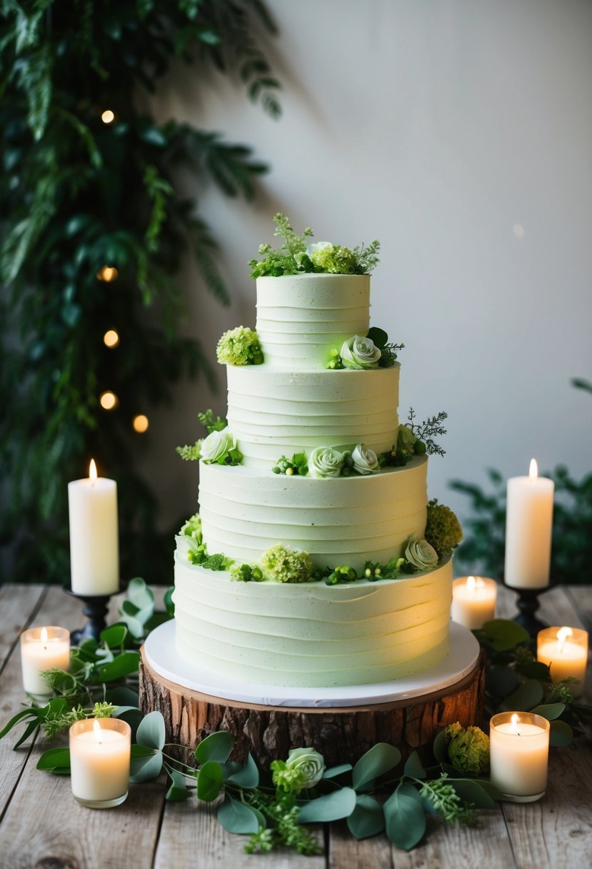 A three-tiered pistachio buttercream cake adorned with delicate green floral decorations sits on a rustic wooden table, surrounded by lush greenery and soft candlelight