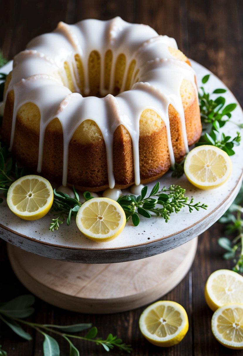 A lemon drizzle bundt cake with delicate white icing sits atop a rustic wooden cake stand, surrounded by fresh lemon slices and sprigs of greenery