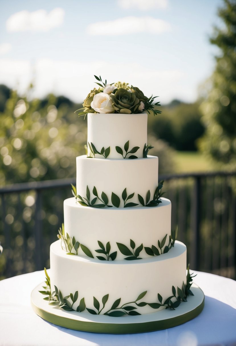 A three-tiered wedding cake adorned with olive green floral decorations