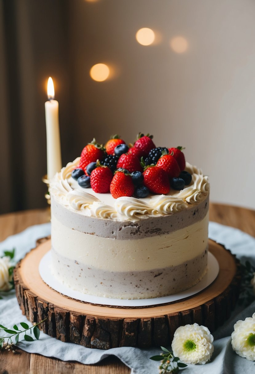 A rustic buttercream cake adorned with fresh berries sits atop a wooden table, surrounded by soft candlelight and delicate floral accents