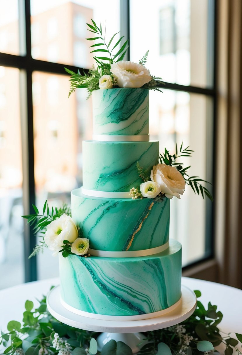 A three-tiered cake with a jade marble effect, adorned with green foliage and flowers, stands as a unique and elegant wedding dessert
