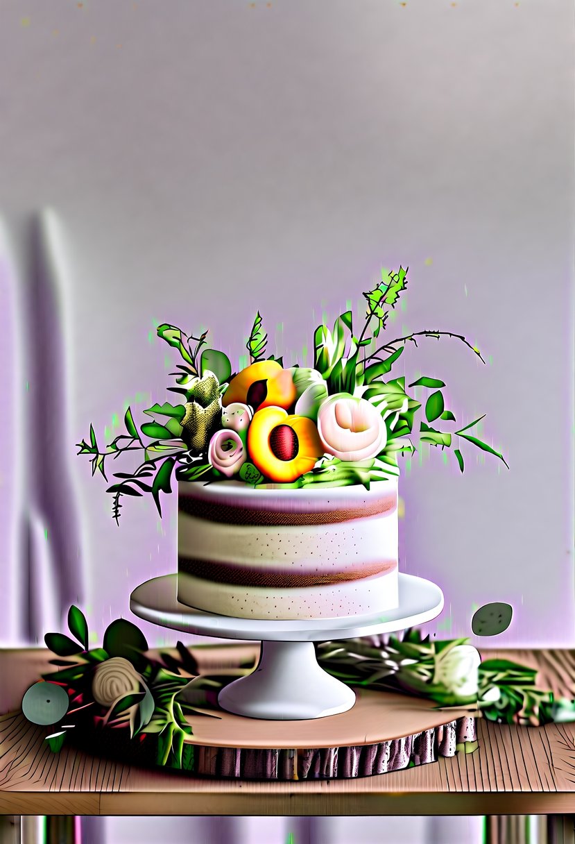 A rustic wooden table holds a simple almond and apricot wedding cake, adorned with fresh flowers and greenery, set against a neutral backdrop