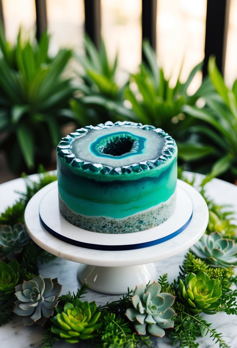 A hunter green geode cake displayed on a white marble table, surrounded by lush greenery and succulents