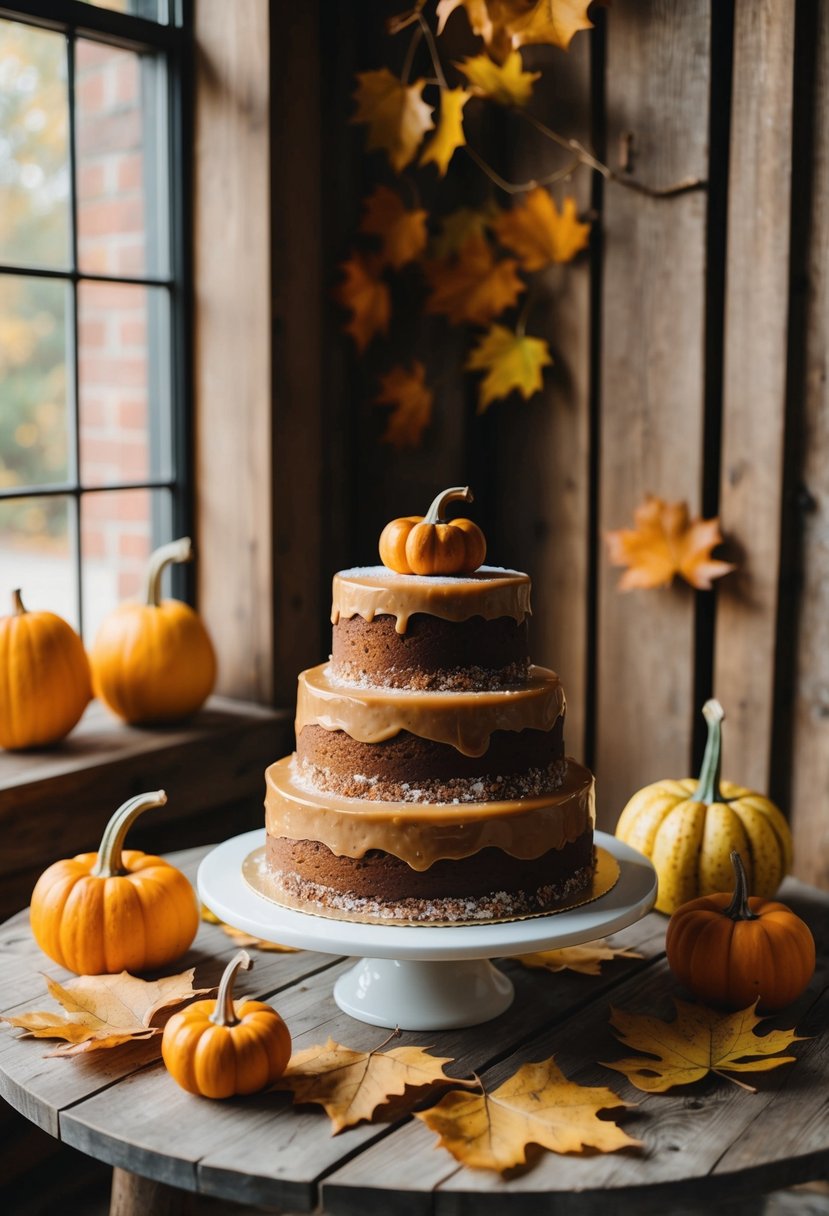 A rustic wooden table adorned with a three-tiered salted caramel harvest cake surrounded by autumn leaves and gourds