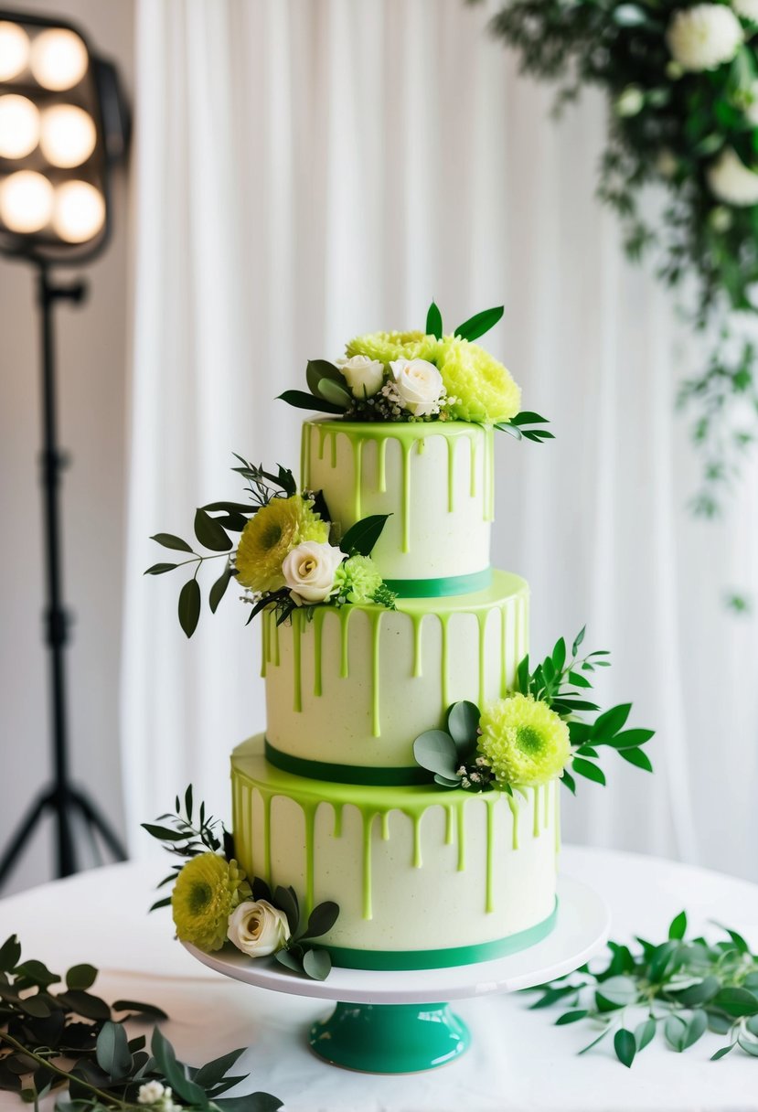 A three-tiered lime green drip cake adorned with fresh flowers and foliage, set against a white backdrop with soft lighting