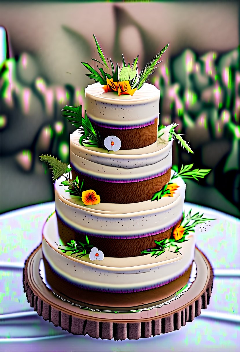 A three-tiered carrot cake with cream cheese frosting, adorned with delicate edible flowers and greenery, sits on a rustic wooden cake stand