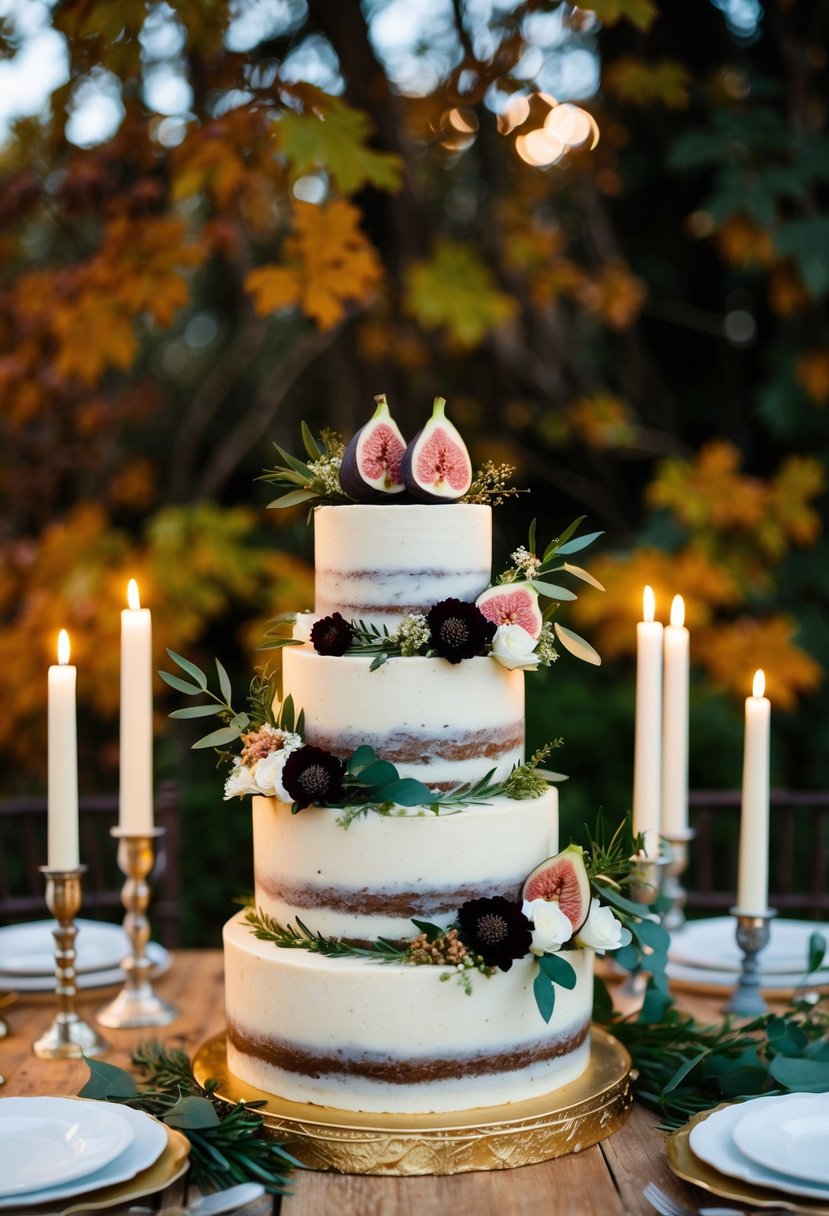 A three-tiered fig and honey layer cake adorned with fresh florals and greenery, set against a backdrop of autumn foliage and soft candlelight
