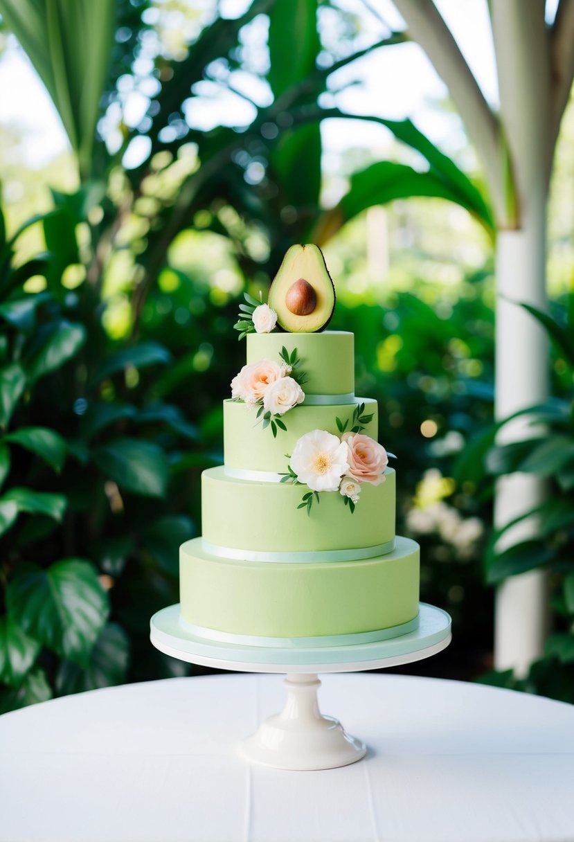 A three-tiered avocado green wedding cake with floral decorations sits on a white table against a backdrop of lush greenery