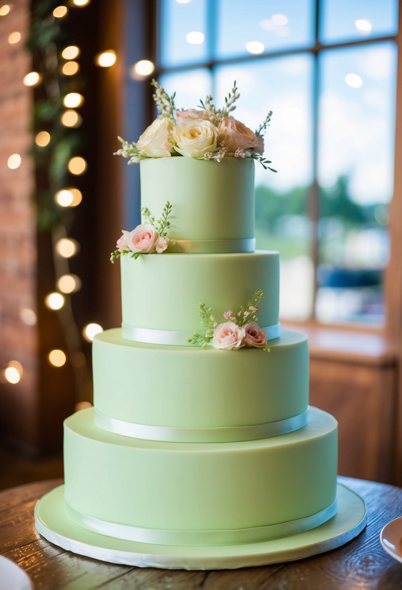 A three-tiered chartreuse ribbon cake adorned with delicate floral decorations
